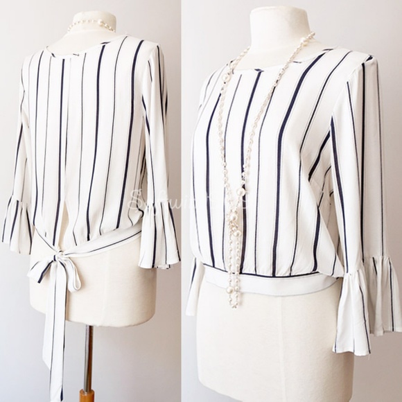 Charlotte Russe Tops - Last☝️ Ivory Navy Striped Tie Back Crop Blouse Top